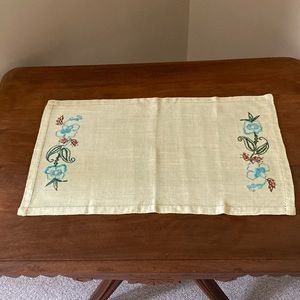 Vintage hand embroidered table cloth and table topper. Linen Cottagecore.